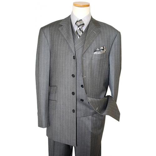 Steve Harvey Collection Heather Grey/Silver Grey Pinstripes Super 120's Merino Wool Vested Suit 5913